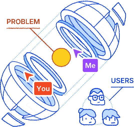 Illustration of you and me collaborating to solve user problems