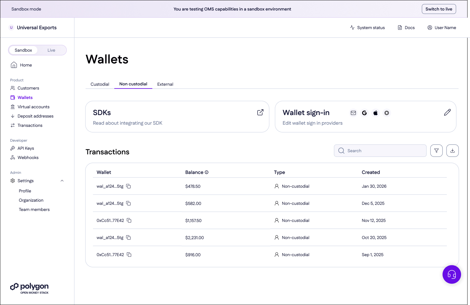 Polygon OMS Wallets tab